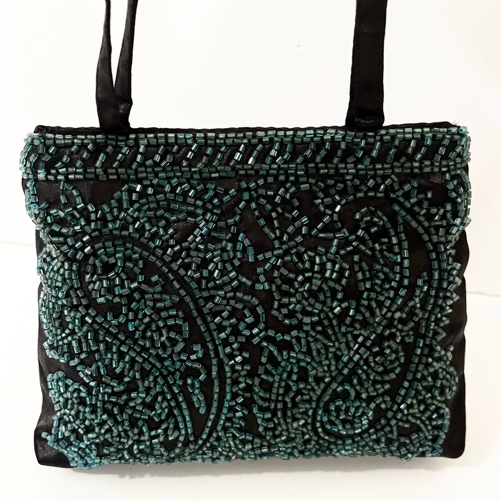 Vintage Teal Green Beaded Evening Bag Black Satin - Picture 11 of 15